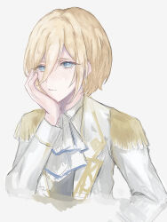 Rule 34 | 1boy, ascot, blonde hair, blue eyes, closed mouth, ensemble stars!, epaulettes, expressionless, grey background, grey shirt, head rest, highres, jacket, long sleeves, looking at viewer, male focus, ntec231, shirt, short hair, solo, tenshouin eichi, white ascot, white jacket