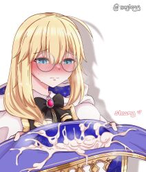 Rule 34 | 1girl, black ribbon, blonde hair, blue cape, blue eyes, blush, cape, copyright request, cum, cum on headwear, fate/grand order, fate (series), hat, highres, long hair, looking down, multicolored cape, multicolored clothes, ribbon, aesc (fate), white background, white uniform, witch hat