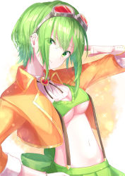 Rule 34 | 1girl, arm up, ascot, breasts, brooch, closed mouth, cropped jacket, gem, goggles, goggles on head, green eyes, green hair, green skirt, gumi, gumi (v3 megpoid), hand on own hip, head tilt, highres, jacket, jewelry, long sleeves, looking at viewer, medium breasts, navel, open clothes, open jacket, orange background, orange jacket, pleated skirt, red gemstone, shiohari kanna, short hair, sidelocks, skirt, smile, solo, sparkle, stomach, suspender skirt, suspenders, underboob, vocaloid, white ascot