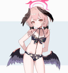 Rule 34 | 1girl, arms behind back, bare arms, bare legs, bare shoulders, bikini, black bikini, black wings, blue archive, blush, closed mouth, collarbone, cowboy shot, flat chest, floral print, halo, head wings, highres, koharu (blue archive), koharu (swimsuit) (blue archive), long hair, looking at viewer, low wings, official alternate costume, pink eyes, pink hair, print bikini, red halo, rero (bigdoorbig2), solo, swimsuit, twintails, wings