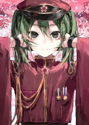 Rule 34 | arms up, badge, cherry blossoms, covering own ears, green eyes, green hair, hair between eyes, hands on own head, hat, hatsune miku, highres, japanese clothes, looking at viewer, military, military hat, military uniform, purple hat, ribbon, senbon-zakura (vocaloid), skyn blue, solo, tagme, twintails, uniform, upper body, vocaloid