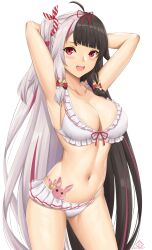 Rule 34 | 1girl, ahoge, alternate costume, arcie albano, armpits, arms up, artist logo, bikini, blush, breasts, brown hair, cleavage, collarbone, cowboy shot, frilled bikini, frills, gluteal fold, hair ribbon, highres, large breasts, long hair, looking at viewer, mixed-language commentary, multicolored hair, navel, nijisanji, open mouth, pink hair, red eyes, ribbon, simple background, smile, solo, streaked hair, swimsuit, teeth, tress ribbon, two-tone hair, upper teeth only, very long hair, virtual youtuber, white background, white bikini, white hair, yorumi rena, yorumi rena (7th costume)