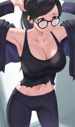 Rule 34 | 1girl, adjusting hair, armpits, arms up, black hair, black shirt, breasts, cleavage, closed mouth, collarbone, commentary, commission, cowboy shot, english commentary, forehead, frown, glasses, highres, large breasts, legs apart, minakata hizuru, mole, mole under eye, mole under mouth, navel, pants, ponytail, purple eyes, rythm sync, shirt, sleeveless, sleeveless shirt, solo, summertime render