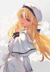 Rule 34 | 1girl, ascot, beret, black ribbon, blonde hair, braid, buttons, capelet, choker, commentary, dark-skinned female, dark skin, english commentary, flower, half-elf, hat, highres, holding, holding own hair, hololive, lack, long hair, looking at viewer, multicolored hair, open mouth, pointy ears, red eyes, ribbon, shiranui flare, shirt, skirt, solo, two-tone hair, virtual youtuber, white capelet, white hat, white shirt, white skirt