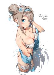 Rule 34 | 1girl, alternate hairstyle, anmi, ass, bare shoulders, bikini, blue eyes, blue hairband, blush, breasts, brown hair, butt crack, cleavage, closed mouth, collarbone, dated, downpants, earrings, frilled bikini, frills, girls&#039; frontline, hair between eyes, hair bun, hair ornament, hairband, halterneck, hand on own head, jewelry, looking at viewer, medium breasts, official alternate costume, ripples, shawl, shell, shell earrings, short hair, side bun, sidelocks, signature, single side bun, smile, snowflake hair ornament, solo, suomi (girls&#039; frontline), suomi (midsummer pixie) (girls&#039; frontline), swimsuit, translated, wading, wet, white background, white bikini