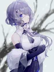 Rule 34 | 1girl, absurdres, arknights, bare shoulders, bare tree, black gloves, blue eyes, blurry, blurry background, collar, commentary, dress, eyepatch, gloves, hair ornament, hair over one eye, highres, holding shawl, long hair, looking at viewer, medical eyepatch, miike (992058), official alternate costume, one eye covered, parted lips, purple dress, purple hair, shawl, sleeveless, sleeveless dress, snowing, solo, tree, two-tone dress, upper body, whisperain (arknights), whisperain (tremble cold) (arknights), white dress, white shawl, x hair ornament