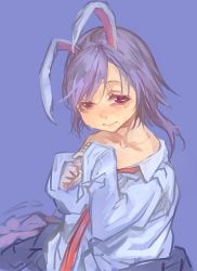 Rule 34 | 1girl, aged down, animal ears, blue background, blue shirt, child, closed mouth, collared shirt, hair between eyes, long hair, looking at viewer, loose clothes, loose shirt, necktie, nuppehofu (nibuta), purple hair, rabbit ears, red eyes, red necktie, reisen udongein inaba, shirt, simple background, snot, solo, tears, touhou
