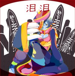 Rule 34 | 1girl, :q, bad id, bad pixiv id, blue skin, breasts, capcom, chinese clothes, claws, cleavage, cleavage cutout, clothing cutout, colored skin, hat, jiangshi, large breasts, lei lei, mifa24, mihua@zairansu, multicolored hair, ofuda, pants, qingdai guanmao, shoes, short hair, sitting, solo, tongue, tongue out, two-tone hair, vampire (game), yellow eyes