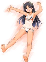 Rule 34 | 1girl, adapted costume, akimoto dai, barefoot, bikini, black eyes, black hair, breasts, commentary request, dated, front-tie top, full body, highres, i-400 (kancolle), kantai collection, long hair, looking at viewer, multicolored bikini, multicolored clothes, one-hour drawing challenge, one-piece tan, side-tie bikini bottom, small breasts, solo, swimsuit, tan, tanline, twitter username, white background, white bikini