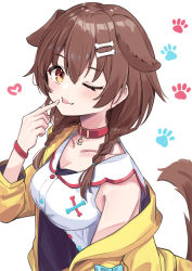 Rule 34 | 1girl, :p, absurdres, anbasa (amaneyuz13), animal collar, animal ears, blush, bone hair ornament, braid, breasts, brown eyes, brown hair, buttons, cartoon bone, collar, dog ears, dog girl, dog tail, dress, hair between eyes, hair ornament, hairclip, heart, highres, hololive, inugami korone, inugami korone (1st costume), jacket, long hair, looking at viewer, low twin braids, off shoulder, paw print, red collar, short dress, smile, solo, tail, tongue, tongue out, twin braids, virtual youtuber, white background, white dress, yellow jacket