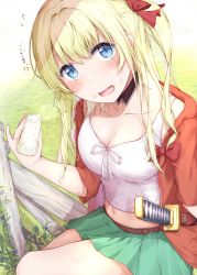 Rule 34 | 1girl, blonde hair, blue eyes, bow, breasts, fence, food, food on face, granblue fantasy, grass, green skirt, hair bow, highres, jacket, katana, medium breasts, mirin (granblue fantasy), onigiri, open mouth, outdoors, red bow, red jacket, seven d3t, sheath, skirt, solo, sword, weapon, wooden fence