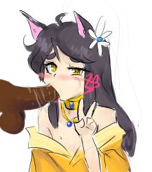 Rule 34 | 2boys, ahoge, androgynous, animal ears, black hair, blush, cat boy, cat ears, choker, dark-skinned male, dark skin, eyebrows, fellatio, flower, hair ornament, highres, japanese clothes, jewelry, kimono, lipstick, long hair, looking at viewer, makeup, male focus, multiple boys, necklace, oral, penis, rei (yellow kirby), saliva, sidelocks, simple background, solo focus, testicles, thick eyebrows, trap, uneven eyes, upper body, v, white background, yaoi, yellow eyes, yellow kirby