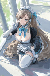 Rule 34 | 1girl, absurdres, apron, asuna (blue archive), blue archive, blue eyes, blush, bow, breasts, elbow gloves, frilled apron, frills, gloves, grin, highres, large breasts, long hair, looking at viewer, maid, maid headdress, meinoss, mole, mole on breast, smile, solo, thighhighs, waist apron, white gloves