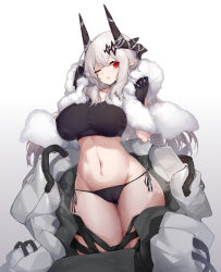 Rule 34 | 1girl, absurdres, adapted costume, arknights, bikini, bikini bottom only, black bikini, black bra, black gloves, blush, bra, breasts, cameltoe, chinese commentary, cleavage, coat, unworn coat, covered erect nipples, cowboy shot, demon horns, fur trim, gloves, gradient background, grey background, grey hair, hair ornament, highres, horns, large breasts, long hair, looking at viewer, mudrock (arknights), navel, one eye closed, parted lips, red eyes, side-tie bikini bottom, simple background, solo, sports bra, standing, steaming body, stomach, sweat, swimsuit, thigh gap, underwear, zeroblood