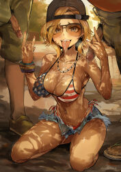 Rule 34 | 1girl, 2boys, absurdres, american flag bikini, bikini, black headwear, black pubic hair, blonde hair, blue eyes, breasts, commentary, cum, cum in mouth, cum on body, cum on breasts, cum on tongue, cum on upper body, double m/, english commentary, flag print, grand theft auto, grand theft auto vi, hat, highres, jewelry, large breasts, looking at viewer, m/, male pubic hair, mud, multiple boys, navel, navel piercing, necklace, penis, piercing, pollenoxide, pubic hair, redneck girl (gta vi), short hair, sitting, striped bikini, striped clothes, sunglasses, swimsuit, teeth, tongue, tongue out, twitter username, uncensored, upper teeth only, wariza
