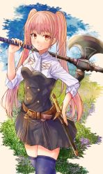 Rule 34 | 1girl, axe, belt, black dress, blue thighhighs, breasts, brown belt, commentary request, cowboy shot, dress, fire emblem, fire emblem: three houses, fuussu (21-kazin), garreg mach monastery uniform, hilda valentine goneril, holding, holding axe, holding weapon, long hair, long sleeves, looking at viewer, nintendo, orange eyes, over shoulder, pink hair, scabbard, sheath, sheathed, shirt, short dress, small breasts, smile, solo, standing, sword, thighhighs, thighs, twintails, very long hair, weapon, weapon over shoulder, white shirt, zettai ryouiki
