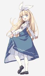 Rule 34 | 1girl, :d, absurdres, alice (alice in wonderland), alice in wonderland, black bow, black footwear, blonde hair, blue dress, blue eyes, blush, bow, dress, grey background, hair ribbon, hairband, highres, long hair, long sleeves, looking at viewer, open mouth, original, pantyhose, ribbon, shirt, shoes, simple background, sketch, smile, solo, very long hair, white hairband, white pantyhose, white ribbon, white shirt, zoirun
