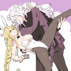 Rule 34 | 1boy, 1girl, 88 (einnimnech), animal ears, black pantyhose, black shirt, blonde hair, blush, bow, bowtie, braid, braided ponytail, breasts, cleavage, collar, covered navel, earrings, eye contact, facing another, fake animal ears, fate/grand order, fate (series), genderswap, genderswap (mtf), gilgamesh, gilgamesh-ko, gilgamesh (caster) (fate), gilgamesh (fate), grabbing another&#039;s hair, groin, hair between eyes, hand on another&#039;s back, hand on another&#039;s leg, highres, holding, jewelry, large breasts, leg grab, leg lift, legs, leotard, lifting another&#039;s clothes, light blush, long hair, looking at another, merlin (fate), open mouth, pantyhose, playboy bunny, purple eyes, purple scarf, rabbit ears, rabbit tail, red eyes, scarf, shirt, sideboob, smile, spread legs, strapless, strapless leotard, sweatdrop, tail, tattoo, white hair, white leotard, wrist cuffs