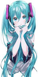 Rule 34 | 1girl, :o, bare shoulders, black sleeves, blue eyes, blue hair, blue necktie, commentary request, cropped torso, detached sleeves, glowing, grey shirt, hair between eyes, hair ornament, hands up, hatsune miku, headphones, headset, highres, holding, holding own hair, long hair, long sleeves, looking at viewer, misumi (macaroni), necktie, neon trim, parted lips, shirt, simple background, sleeveless, sleeveless shirt, solo, tie clip, twintails, upper body, very long hair, vocaloid, white background, wide sleeves