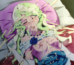 Rule 34 | 1girl, absurdres, animeeru, bare shoulders, bed, blue flower, blue rose, blush, braid, breasts, breasts apart, breasts out, bukkake, clothes pull, cum, cum in mouth, cum on body, cum on breasts, cum on hair, cum on upper body, diana cavendish, dress, dress pull, drooling, ejaculation, elbow gloves, facial, female focus, flower, from above, gloves, highres, indoors, jewelry, little witch academia, long hair, lying, multicolored hair, necklace, nipples, nose blush, off shoulder, on bed, open mouth, orgasm, out of frame, parted lips, pillow, rose, saliva, sleeping, small breasts, solo, two-tone hair, upper body
