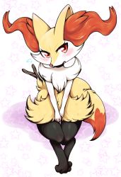 Rule 34 | 1girl, animal ear fluff, animal ears, animal feet, animal nose, between legs, blush, body fur, braixen, creatures (company), female focus, flat chest, flying sweatdrops, fox ears, fox girl, fox tail, full body, furry, furry female, game freak, gen 6 pokemon, hand between legs, highres, legs together, looking at viewer, navel, neck fur, negoya, nervous, nintendo, open mouth, own hands together, pokemon, pokemon (creature), red eyes, red fur, sitting, snout, solo, star (symbol), starry background, stick, tail, v arms, white background, white fur, yellow fur