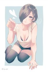 Rule 34 | 1girl, arm support, black bra, black shorts, black thighhighs, bra, brown hair, closed mouth, collarbone, green background, grey background, grey shirt, hair over one eye, hand up, heart, kirishima touka, looking at viewer, nabe-box, no shoes, shirt, short hair, short sleeves, shorts, smile, solo, thighhighs, tokyo ghoul, underwear, white shirt