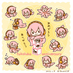 Rule 34 | 1girl, :3, anniversary, blush stickers, closed eyes, commentary, cube, dated, dual wielding, eating, flower, food, from above, full mouth, hair flower, hair ornament, headphones, headphones removed, heart, holding, holding phone, holding spoon, looking at viewer, megurine luka, multiple views, octopus, outstretched arms, phone, phonograph, pink hair, pudding, saliva, sanpati, sleeping, smile, solid oval eyes, spoon, takoluka, tentacle hair, translated, twitter username, vocaloid, white flower, yellow background, zzz