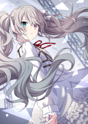 Rule 34 | 1girl, 25-ji miku, absurdres, blue eyes, blurry, blurry background, depth of field, dress, floating hair, from side, grey hair, hair ribbon, hatsune miku, heterochromia, highres, long sleeves, looking at viewer, looking to the side, neck ribbon, parted lips, pink eyes, project sekai, red ribbon, resolution mismatch, ribbon, ringed eyes, sekina, solo, source smaller, standing, white dress, white ribbon