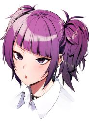 Rule 34 | 1girl, amano don, black choker, blunt bangs, choker, diagonal bangs, earrings, highres, idolmaster, idolmaster shiny colors, jewelry, looking at viewer, portrait, purple eyes, purple hair, shirt, short twintails, simple background, solo, stud earrings, tanaka mamimi, twintails, white background