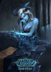 Rule 34 | 1girl, bad id, bad pixiv id, bare shoulders, blue skin, breasts, character name, cleavage, colored skin, copyright name, grey eyes, highres, horns, ice, large breasts, league of legends, lissandra (league of legends), long hair, paper, reflection, solo, supullim, white hair