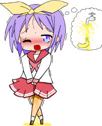 Rule 34 | 1girl, between legs, blush, brown footwear, chibi, crossed legs, embarrassed, female focus, full body, hairband, half-closed eye, hand between legs, have to pee, highres, hiiragi tsukasa, long sleeves, looking at viewer, lucky star, neckerchief, nose blush, one eye closed, open mouth, own hands together, papergami, peeing, peeing self, pleated skirt, puddle, purple eyes, purple hair, red neckerchief, red sailor collar, red serafuku, red skirt, sailor collar, school uniform, serafuku, shirt, shoes, short hair, simple background, skirt, socks, solo, standing, sweat, tears, thought bubble, trembling, urine meter, v arms, wet, wet clothes, white background, white shirt, white socks, yellow hairband