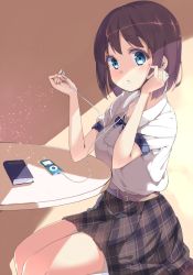 Rule 34 | 1girl, belt, blouse, blue eyes, book, brown hair, chikuwa., day, digital media player, earbuds, earphones, female focus, from side, hands up, headphones, holding, indoors, ipod, legs together, looking at viewer, original, parted lips, plaid, plaid skirt, shade, shirt, short hair, short sleeves, sitting, skirt, solo, thighs, white shirt