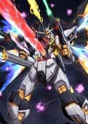 Rule 34 | absurdres, albert rbk, beam cannon, beam rifle, commentary request, dual wielding, electricity, energy gun, explosion, feet out of frame, firing, glowing, glowing eyes, gun, gundam, gundam seed, gundam seed destiny, highres, holding, holding gun, holding weapon, laser, legs apart, mecha, mecha focus, mechanical wings, mobile suit, no humans, robot, science fiction, solo, space, star (sky), strike freedom gundam, twitter username, v-fin, weapon, wings, yellow eyes