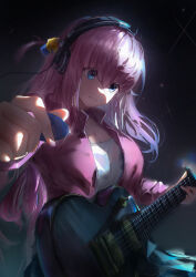 Rule 34 | 1girl, absurdres, akg k-series headphones, black skirt, blue eyes, bocchi the rock!, breasts, cleavage, closed mouth, cube hair ornament, electric guitar, gibson les paul, gotoh hitori, greedice, guitar, hair between eyes, hair ornament, headphones, highres, holding, holding plectrum, instrument, jacket, large breasts, long hair, long sleeves, music, one side up, open clothes, open jacket, pink hair, pink jacket, playing instrument, pleated skirt, plectrum, skirt, solo, tank top, track jacket, white tank top