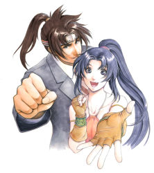 Rule 34 | 1boy, 1girl, aritani mahoro, armband, bare shoulders, black hair, blue eyes, blue hair, brown hair, business suit, clenched hand, fingerless gloves, formal, gloves, guan yinping, headband, looking at viewer, open mouth, ponytail, romance of the three kingdoms, smile, suit, tensei sangokushi, traditional media, upper body, white background, zhao yun