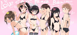Rule 34 | 6+girls, :d, absurdres, animal ears, armpits, arms behind head, ass, back, ball, bare arms, bare shoulders, beachball, bikini, black-framed eyewear, black bikini, black hair, blue eyes, blush, bow, brown eyes, brown hair, choker, claw pose, closed mouth, collarbone, commentary, cowboy shot, english text, eyebrows hidden by hair, fake animal ears, fangs, flat chest, flower, from behind, from side, front-tie bikini top, front-tie top, glasses, gluteal fold, gradient background, grey bow, groin, hair between eyes, hair bow, hair flower, hair ornament, hairband, halterneck, hand on own chest, hands up, heart, heart choker, highleg, highleg bikini, highres, holding, holding ball, layered bikini, leaning forward, light frown, long hair, looking at viewer, looking back, looking to the side, low ponytail, mayafufu, mole, mole under eye, multiple girls, navel, one-piece tan, open mouth, original, parted bangs, pink background, ponytail, purple eyes, red bow, red choker, red eyes, ribbon, short hair, side-by-side, side-tie bikini bottom, simple background, smile, standing, string bikini, striped clothes, striped thighhighs, swimsuit, tan, tanline, teeth, text background, thick eyebrows, thighhighs, twintails, tying, upper teeth only, very long hair, very short hair, visor cap, white headwear, yellow flower