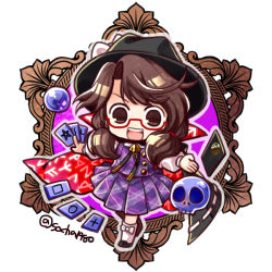 Rule 34 | 1girl, black footwear, black hat, bolo tie, bow, brown eyes, brown hair, buttons, cape, capelet, chibi, circle, cloak, fedora, full body, glasses, hat, hat bow, low twintails, medium hair, occult ball, open mouth, pentagram, plaid, plaid vest, purple vest, red-framed eyewear, runes, skull, smile, socha, solo, square, touhou, twintails, twitter username, usami sumireko, vest, white bow, white legwear, zener card