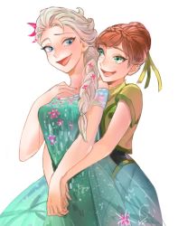 Rule 34 | 2girls, anna (frozen), ano (sbee), aqua dress, blonde hair, blue eyes, braid, brown hair, cowboy shot, crown braid, dress, elsa (frozen), flower, frozen (disney), green eyes, hair flower, hair ornament, hair ribbon, hair up, hand on own chest, holding hands, hug, hug from behind, incest, looking at another, looking back, makeup, mascara, multiple girls, off-shoulder dress, off shoulder, open mouth, orange hair, ribbon, short sleeves, siblings, silver hair, simple background, single braid, sisters, smile, white background, yuri