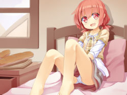 Rule 34 | 1girl, baguette, bare legs, barefoot, bed, blush, bread, collarbone, covering privates, covering crotch, fang, food, grey skirt, hand in panties, hassai, highres, hoshino hinata, indoors, layered sleeves, long sleeves, low twintails, medium hair, on bed, open mouth, panties, pantyshot, pillow, red eyes, red hair, red skirt, shirt, short over long sleeves, short sleeves, short twintails, sitting, skirt, skirt under skirt, smile, solo, twintails, underwear, watashi ni tenshi ga maiorita!, white panties, white shirt, window, yellow shirt