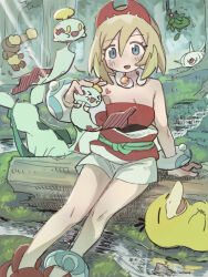 1girl anklet arm_support blonde_hair blue_eyes blush bracelet breasts buneary burmy chimecho cleavage commentary_request creatures_(company) eyelashes forest game_freak gen_1_pokemon gen_3_pokemon gen_4_pokemon glaceon grass hair_between_eyes hairband heart highres holding irida_(pokemon) jewelry medium_hair mitarashi_(riku1013pm) nature neck_ring nintendo open_mouth pokemon pokemon_(creature) pokemon_legends:_arceus psyduck red_hairband shirt shoes shorts silcoon sitting smile strapless strapless_shirt tree water water_stream