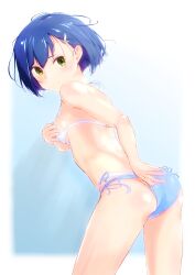 Rule 34 | 1girl, absurdres, adjusting clothes, adjusting swimsuit, arm behind back, ass, bikini, blue background, blue bikini, blue hair, bob cut, bossun (laetus), breasts, commentary, covering breasts, covering privates, cowboy shot, darling in the franxx, expressionless, from behind, gradient background, green eyes, hair ornament, hair strand, hairclip, halterneck, hand on own chest, highres, ichigo (darling in the franxx), layered bikini, leaning forward, looking at viewer, looking back, messy hair, outside border, short hair, side-tie bikini bottom, small breasts, solo, swimsuit, white background, white bikini