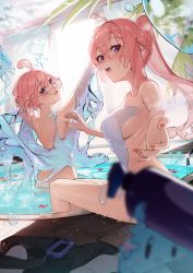 Rule 34 | 2girls, :d, ahoge, arm up, blurry, blush, breasts, unworn clothes, covering privates, depth of field, dripping, from behind, giving, glasses, hair between eyes, hand on own head, highres, hiiragi mikoto, indoors, long hair, looking at viewer, looking back, medium breasts, monster girl, multiple girls, nail polish, nude cover, open mouth, original, outstretched arms, partially submerged, petals, pink eyes, pink hair, ponytail, pool, poolside, pov, purple eyes, reaching, reaching towards viewer, red hair, red nails, round eyewear, sae (hiiragi mikoto), shampoo bottle, short hair, sidelocks, sitting, slime (creature), slime (substance), slime girl, smile, soaking feet, standing, steam, towel, water, wet towel