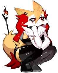 Rule 34 | 1girl, black skirt, black thighhighs, boots, braixen, closed mouth, creatures (company), crop top, ear piercing, fire, full body, furry, furry female, game freak, gen 6 pokemon, highres, nintendo, piercing, pokemon, pokemon (creature), red eyes, skirt, solo, squatting, thigh boots, thighhighs, usa37107692