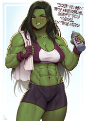 Rule 34 | 1girl, abs, absurdres, blush, bottle, breasts, cameltoe, colored skin, english text, fingerless gloves, gloves, green eyes, green hair, green skin, highres, large breasts, lips, long hair, marvel, muscular, muscular female, she-hulk, shorts, smile, speedl00ver, sweat, teeth, towel, veins