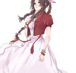 Rule 34 | 1girl, aerith gainsborough, bangle, bracelet, braid, braided ponytail, breasts, choker, cleavage, cowboy shot, cropped jacket, dress, final fantasy, final fantasy vii, final fantasy vii remake, green eyes, hair ribbon, hand on own chest, highres, jacket, jewelry, kivavis, long dress, long hair, looking afar, medium breasts, parted bangs, parted lips, pink dress, pink ribbon, puffy short sleeves, puffy sleeves, red jacket, ribbon, short sleeves, sidelocks, solo, wavy hair, white background
