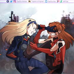 Rule 34 | 2girls, arm up, blonde hair, blue bodysuit, blurry, blurry background, bodysuit, building, choker, choppy bangs, clenched teeth, commentary, commission, cross, cross choker, deviantart logo, deviantart username, english commentary, evangelion: 3.0 you can (not) redo, eyepatch, fighting, grabbing another&#039;s arm, hairband, hand up, headband, instagram logo, instagram username, interface headset, ko-fi logo, ko-fi username, leg up, long hair, marie vincennes, multiple girls, neon genesis evangelion, open mouth, orange hair, patreon logo, patreon username, plugsuit, rebuild of evangelion, red bodysuit, sai (saiscribbles), sky, souryuu asuka langley, sweatdrop, teeth, the nerv white paper, tumblr logo, tumblr username, twitter logo, twitter username, two side up, watermark