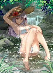 Rule 34 | 1girl, anklet, arm up, armpits, ass, bare shoulders, bikini, blush, braid, breasts, cleavage, collarbone, fate/grand order, fate (series), flower, grass, hair ribbon, hat, hat flower, hibiscus, highres, jewelry, kama (fate), knees together feet apart, knees up, kuroaki, large breasts, legs, long hair, looking at viewer, nail polish, red eyes, ribbon, side braid, silver hair, sitting, smile, solo, straw hat, stream, swimsuit, water, white bikini