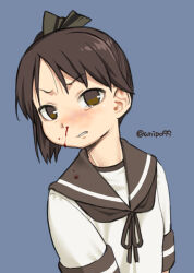 Rule 34 | 1girl, black ribbon, blood, blood on clothes, blood on face, blue background, blush, brown eyes, brown hair, brown neckerchief, brown sailor collar, bruise, bruise on face, hair ribbon, harukaze unipo, injury, kantai collection, looking at viewer, neckerchief, nosebleed, ponytail, ribbon, sailor collar, school uniform, serafuku, shikinami (kancolle), simple background, solo, tears, twitter username, upper body