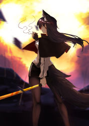 Rule 34 | 1girl, absurdres, animal ears, arknights, black capelet, black gloves, black hair, black pantyhose, black shorts, capelet, chinese commentary, cigarette, closed mouth, colored inner hair, commentary, cowboy shot, earrings, english commentary, facelord12138, fingerless gloves, floating hair, from behind, gloves, highres, holding, holding cigarette, holding sword, holding weapon, jewelry, long hair, looking at viewer, looking back, mixed-language commentary, motion blur, multicolored hair, orange eyes, orange sky, pantyhose, red hair, shirt, short shorts, shorts, sky, solo, sword, tail, texas (arknights), twisted torso, weapon, white shirt, wolf ears, wolf tail