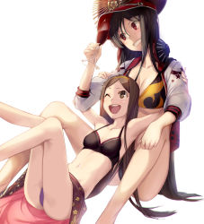 Rule 34 | 2girls, ;d, alcohol, ass, aunt and niece, bad id, bad pixiv id, bikini, black bikini, black hair, breasts, brown eyes, chacha (fate), cleavage, cup, drinking glass, fate/grand order, fate (series), grin, hairband, hat, headphones, headphones around neck, hood, hooded jacket, jacket, multiple girls, navel, oda nobunaga (fate), oda nobunaga (koha-ace), oda nobunaga (swimsuit berserker) (fate), oda nobunaga (swimsuit berserker) (first ascension) (fate), oda nobunaga (swimsuit berserker) (second ascension) (fate), one eye closed, open mouth, red eyes, satou daiji, sitting, smile, swimsuit, teeth, uncle and niece, wine, wine glass